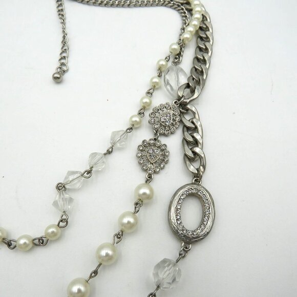 Layered Necklace 22" Silver Tone Chain Imitation Pearls Lucite Beads Multi Layer - Picture 5 of 13
